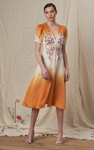 Shop Saloni Lea Floral-embroidered Ombré Silk Midi Dress In Gold