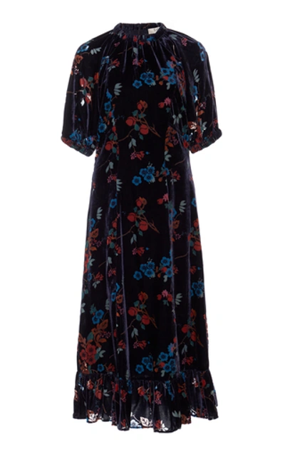 Shop Sea Floral-print Velvet Midi Dress In Blue