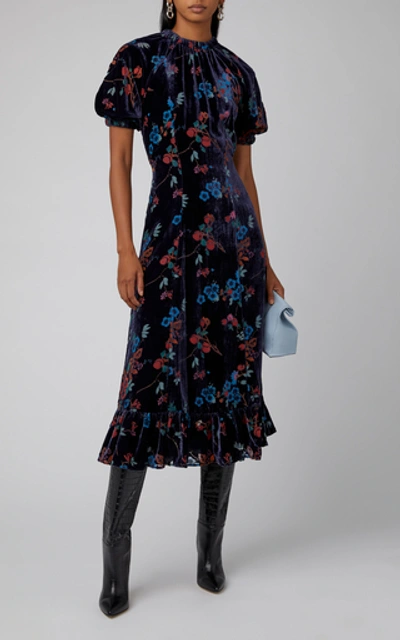 Shop Sea Floral-print Velvet Midi Dress In Blue