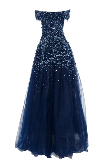 Shop Pamella Roland Off-the-shoulder Crystal Embellished Tulle Gown In Blue