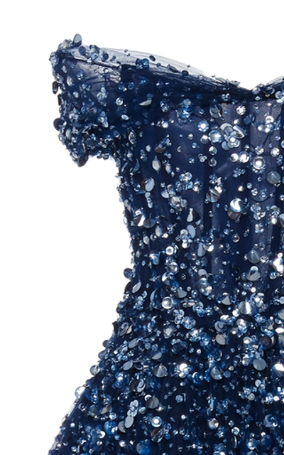 Shop Pamella Roland Off-the-shoulder Crystal Embellished Tulle Gown In Blue