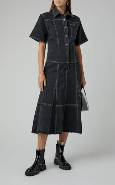 Shop Proenza Schouler Short Sleeve Collared Denim Dress In Black