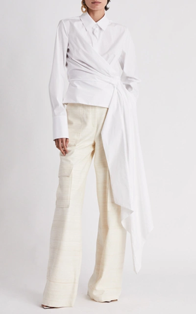 Shop Oscar De La Renta Asymmetric Sash-detailed Cotton-blend Shirt In White