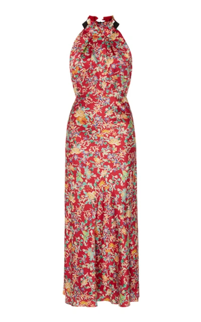 Shop Saloni Michelle Halterneck Floral-print Silk Midi Dress  In Black