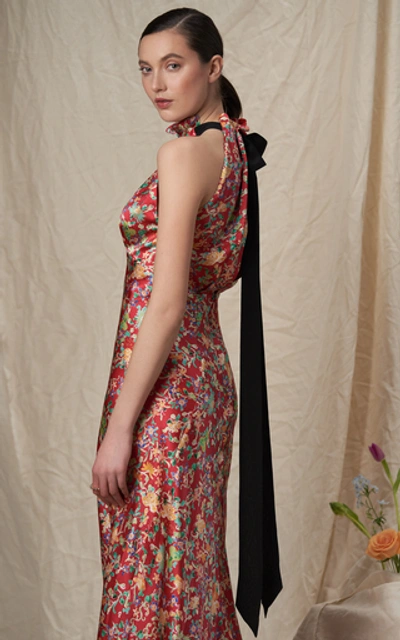 Shop Saloni Michelle Halterneck Floral-print Silk Midi Dress  In Black