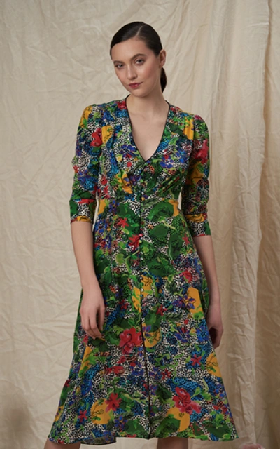 Shop Saloni Eve Floral-print Silk Crepe De Chine Midi Dress In Green