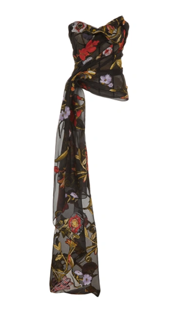 Shop Oscar De La Renta Floral-print Strapless Cady Blouse In Black