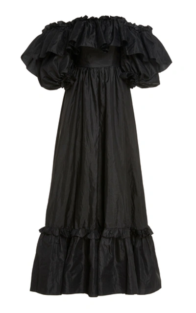 Shop Loveshackfancy Tara Off-the-shoulder Ruffled Taffeta Gown In Black