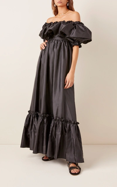 Shop Loveshackfancy Tara Off-the-shoulder Ruffled Taffeta Gown In Black