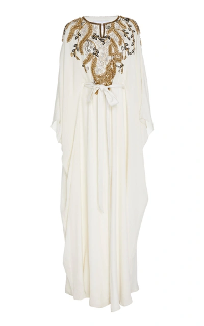 Shop Marchesa Crystal-embellished Tie-detailed Silk Caftan In Ivory