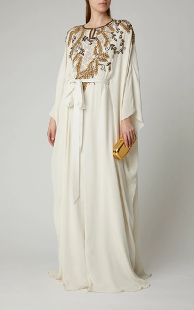 Shop Marchesa Crystal-embellished Tie-detailed Silk Caftan In Ivory