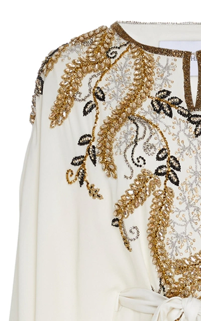 Shop Marchesa Crystal-embellished Tie-detailed Silk Caftan In Ivory