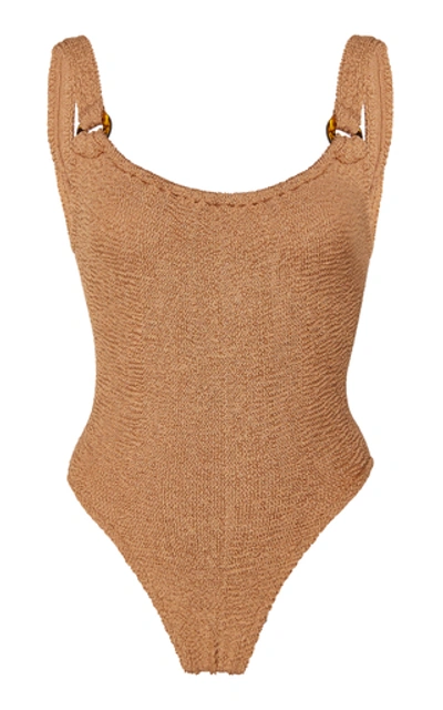 Shop Hunza G Domino Seersucker Swimsuit In Brown