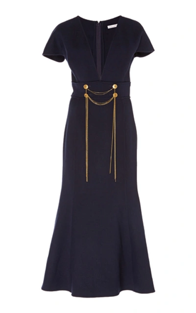 Shop Oscar De La Renta Embellished Wool-blend Midi Dress In Navy