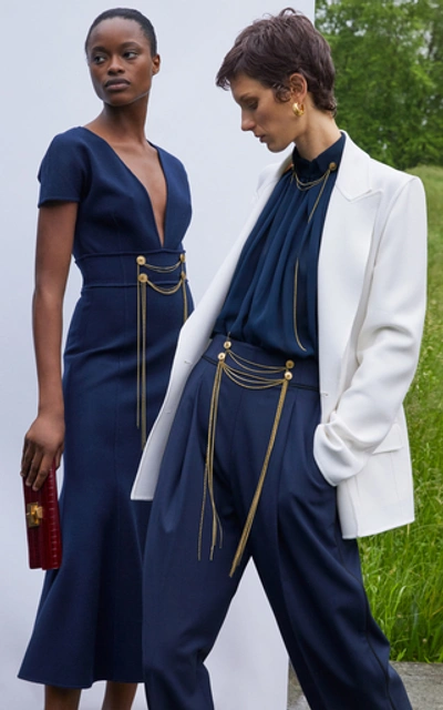 Shop Oscar De La Renta Embellished Wool-blend Midi Dress In Navy