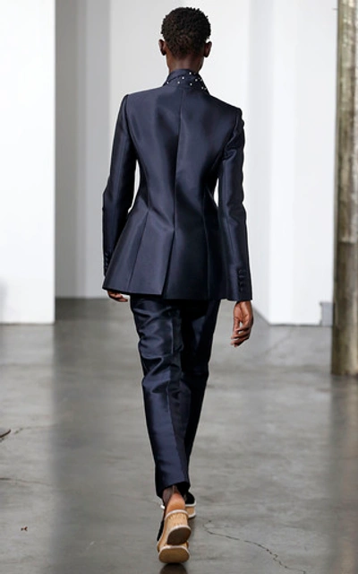 Shop Gabriela Hearst Serge Blazer Silk-blend Blazer With Fresh Water Pearl In Navy