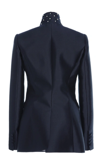 Shop Gabriela Hearst Serge Blazer Silk-blend Blazer With Fresh Water Pearl In Navy