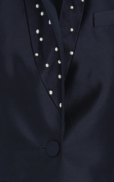 Shop Gabriela Hearst Serge Blazer Silk-blend Blazer With Fresh Water Pearl In Navy