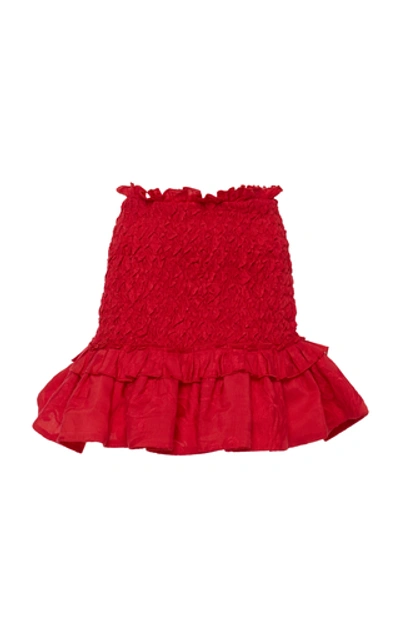 Shop Alexis Nedusa Smocked Ruffled Silk-linen Mini Skirt In Red