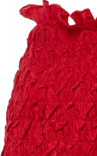 Shop Alexis Nedusa Smocked Ruffled Silk-linen Mini Skirt In Red