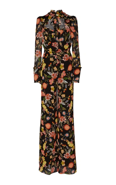 Shop Alexis Imogene Tie-neck Floral-print Jersey Jumpsuit