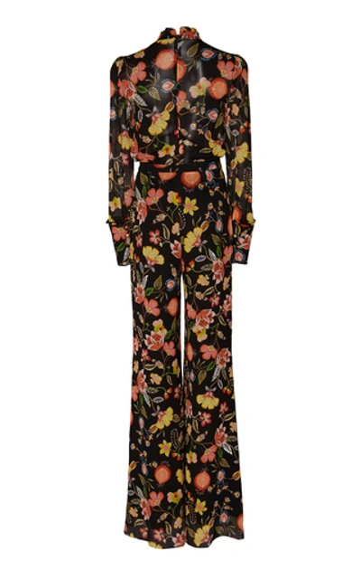 Shop Alexis Imogene Tie-neck Floral-print Jersey Jumpsuit