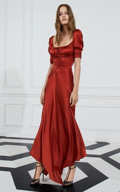 Shop Alexis Noerene Ruched Tie-front Silk Maxi Dress In Red