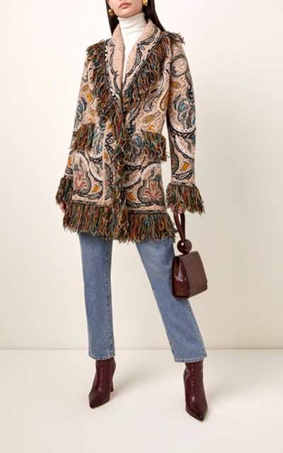 Shop Etro Fringe-trimmed Paisley Jacquard Cardigan In Neutral