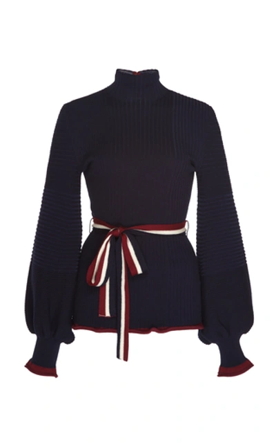 Shop Roksanda Auric Belted Wool Sweater In Navy