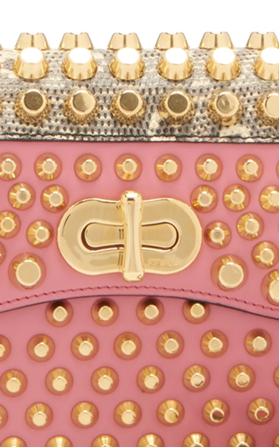 Shop Prada Studded Lizard-trimmed Leather Shoulder Bag In Pink