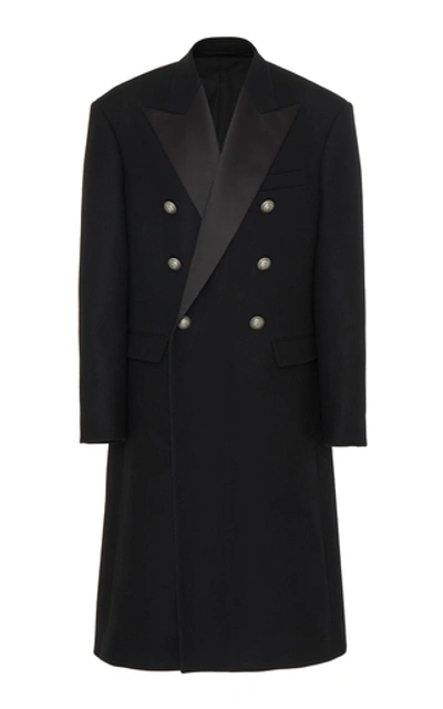 Shop Balmain Double-breasted Satin-trimmed Wool-blend Coat In Black
