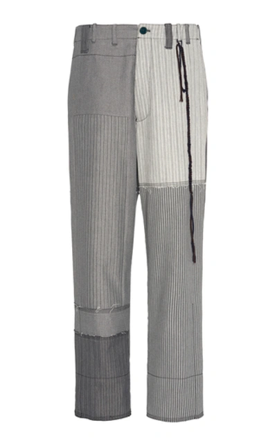 Shop Federico Curradi Patchwork Striped Straight-leg Cotton Chinos In Grey
