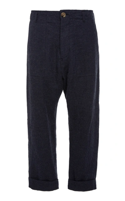 Shop Nanushka Gaius High-waisted Ramie-blend Cropped Pants In Navy