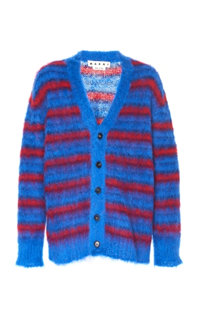 Shop Marni Striped Mohair-blend Cardigan In Blue