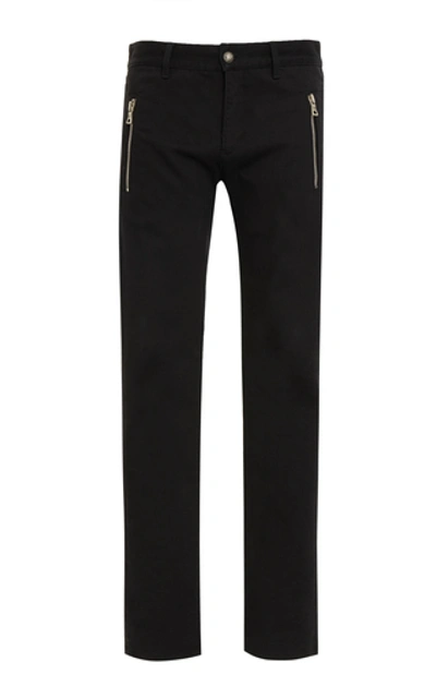 Shop Balmain Zip-embellished Cotton-twill Tapered Pants In Black