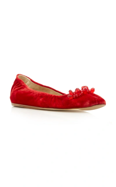 Shop Simone Rocha Bead-embellished Velvet Ballet Flats In Red
