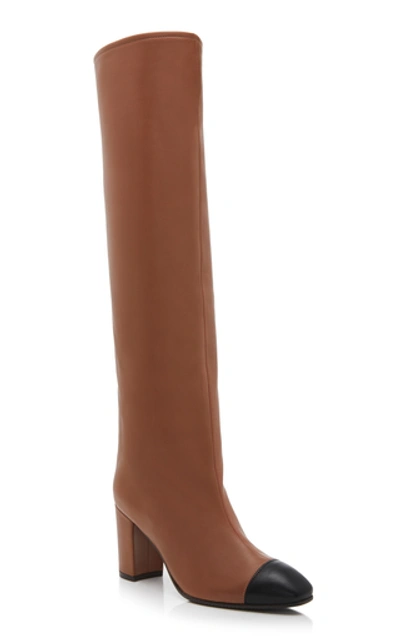 Shop Stuart Weitzman Kimberly Leather Cap-toe Knee Boots In Brown