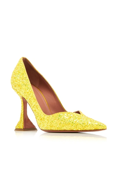 Shop Amina Muaddi Giorgia Glittered Leather Pumps In Yellow