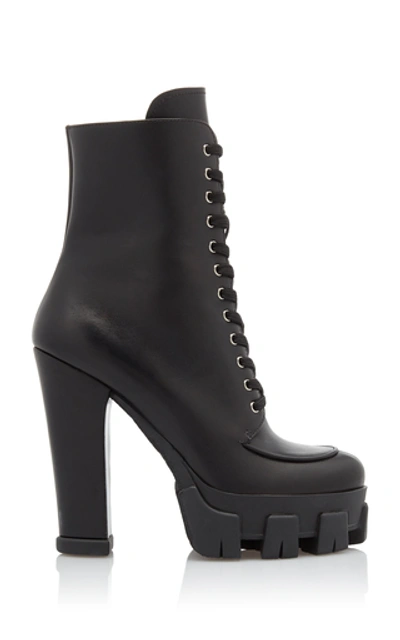 Shop Prada Lace-up Leather Platform Boots In Black
