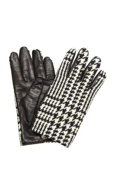 Shop Alexander Mcqueen Houndstooth Cashmere And Leather Gloves In Black