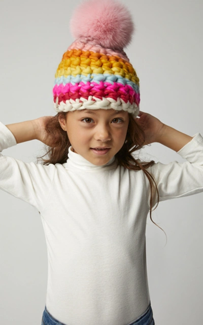 Shop Mischa Lampert Exclusive Toddler Fur-topped Striped Wool Beanie In Multi