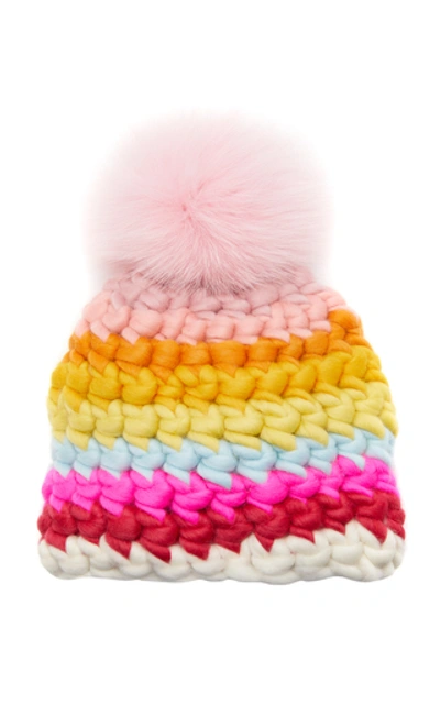 Shop Mischa Lampert Exclusive Toddler Fur-topped Striped Wool Beanie In Multi