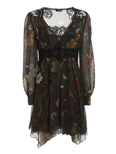 Shop Ermanno Scervino Lace Detailed Floral Asymmetric Dress In Dark Green