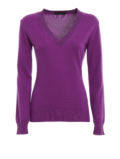 Shop Fabiana Filippi Lurex V Neck Merino Wool Sweater In Purple
