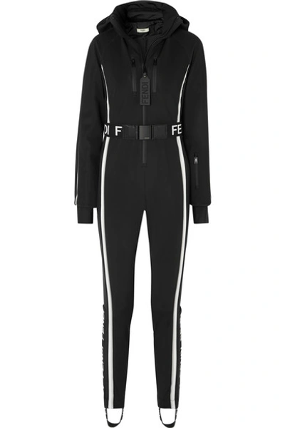 Shop Fendi Belted Striped Ski Suit In Black