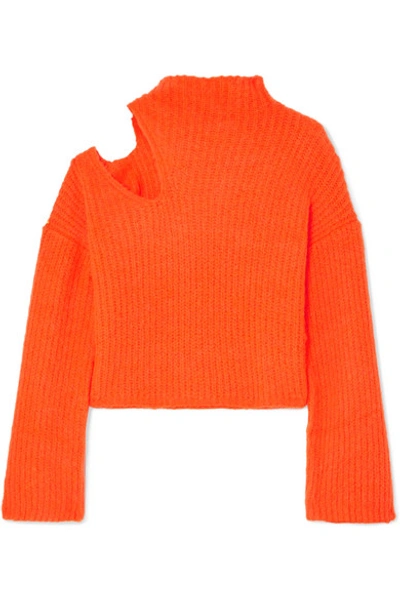 Shop Beaufille Forero Neon Cutout Ribbed-knit Turtleneck Sweater In Bright Orange