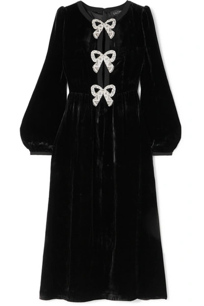 Shop Saloni Camille Bow-embellished Velvet Midi Dress In Black