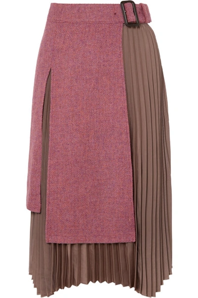 Shop Andersson Bell Layered Wool-tweed And Pleated Satin Midi Skirt In Pink