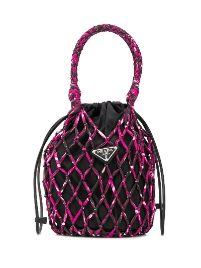 Shop Prada Contrasting Net Bucket Bag In Black