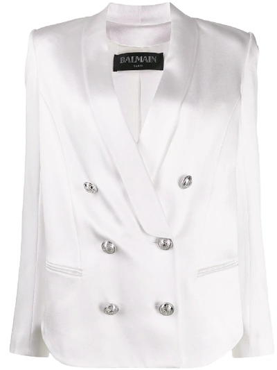 Shop Balmain Double-breasted Belted Blazer In White